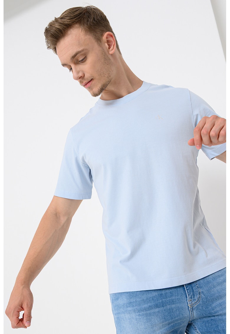 Tricou din bumbac cu decolteu la baza gatului - Albastru deschis