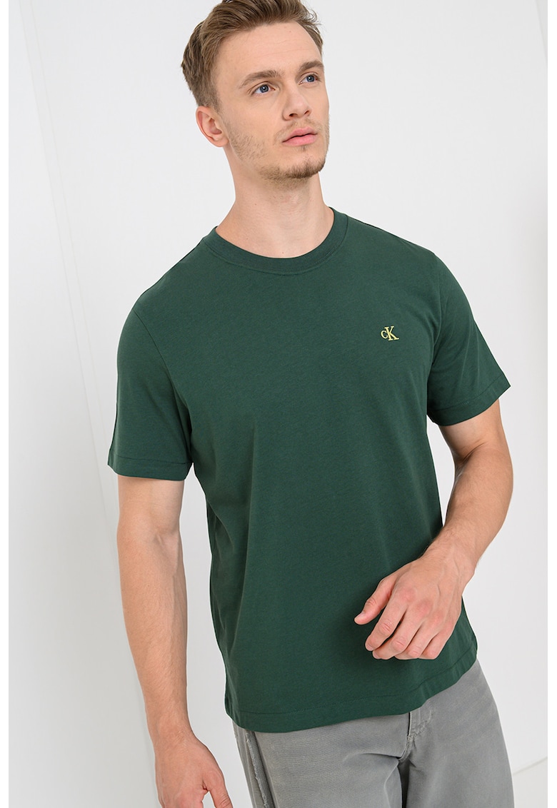 Tricou din bumbac cu decolteu la baza gatului - Verde inchis