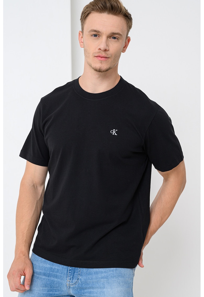 Tricou din bumbac cu decolteu la baza gatului - Negru
