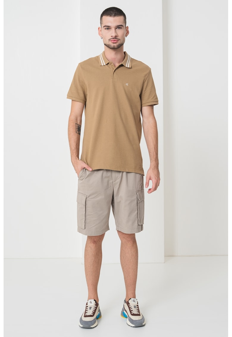 Tricou polo din bumbac - Alb/Maro nisip