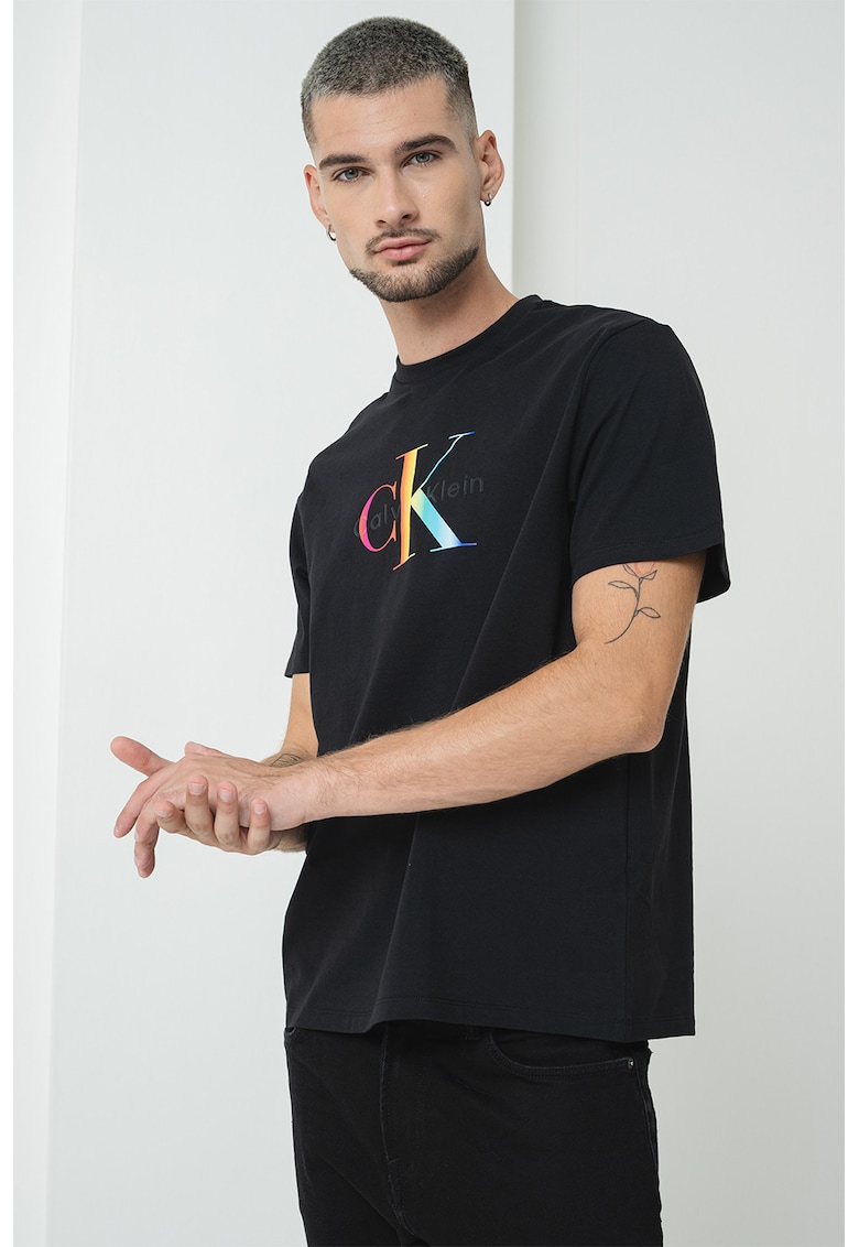 Tricou de bumbac cu imprimeu logo - Negru/Portocaliu/Albastru