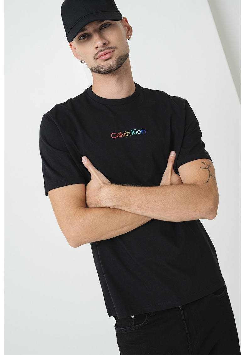 Tricou de bumbac cu imprimeu logo - Negru/Portocaliu/Albastru