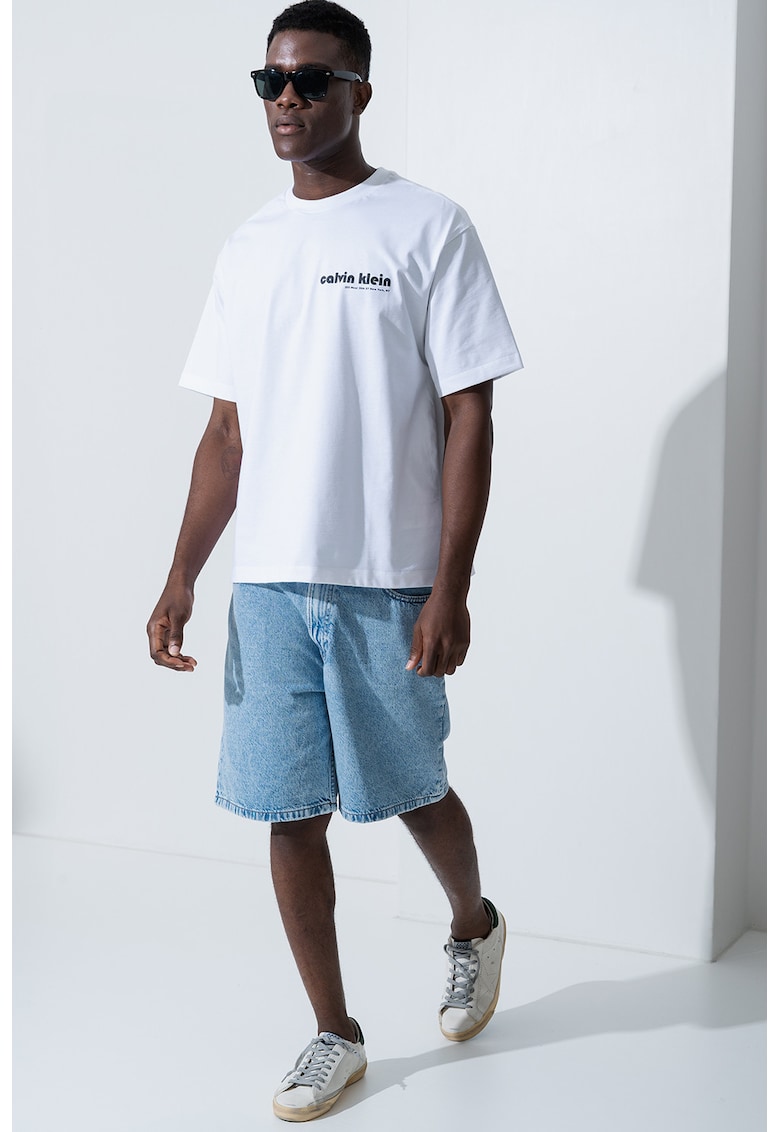 Tricou cu imprimeu logo si decolteu la baza gatului - Alb/Negru