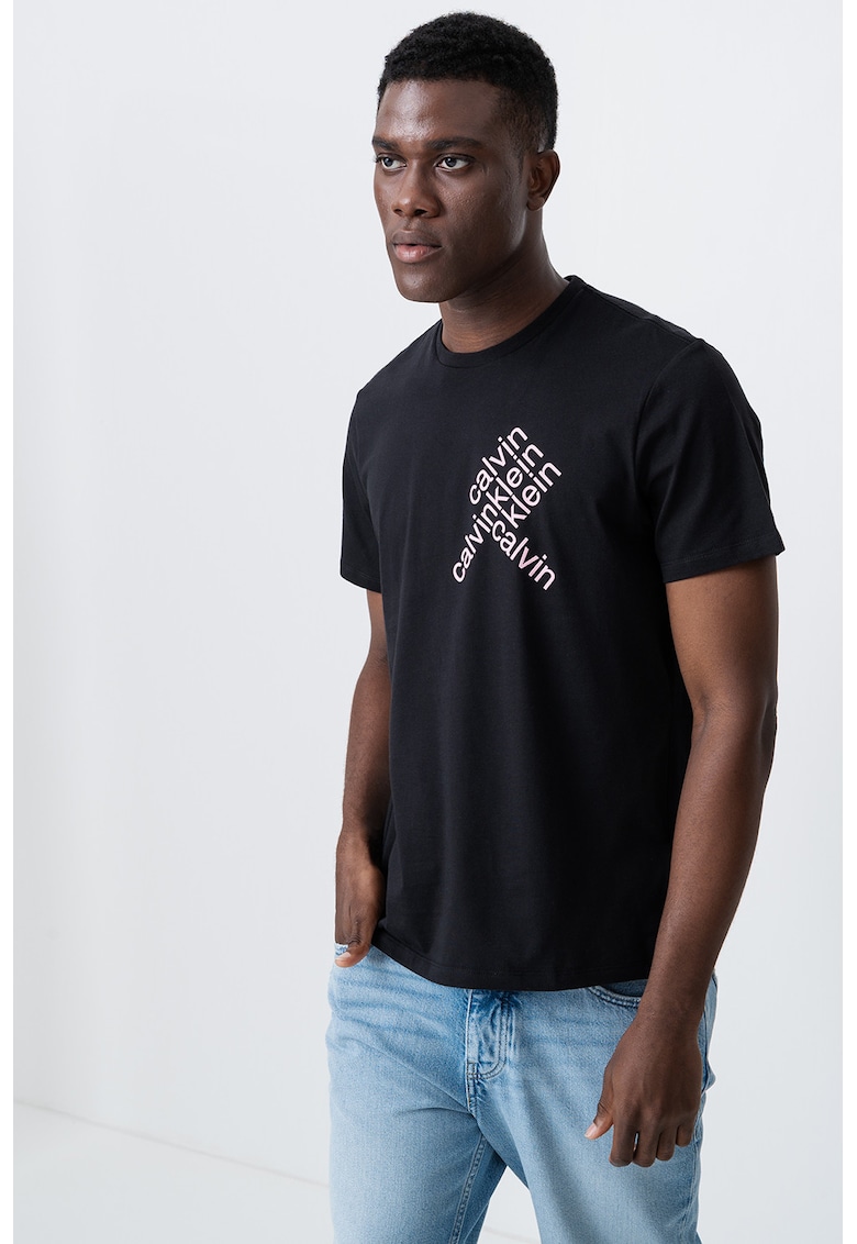 Tricou regular fit cu imprimeu logo - Negru/Roz pastel