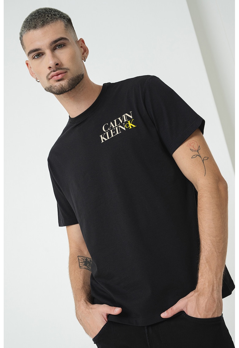 Tricou din bumbac cu logo pe piept - Negru/Galben