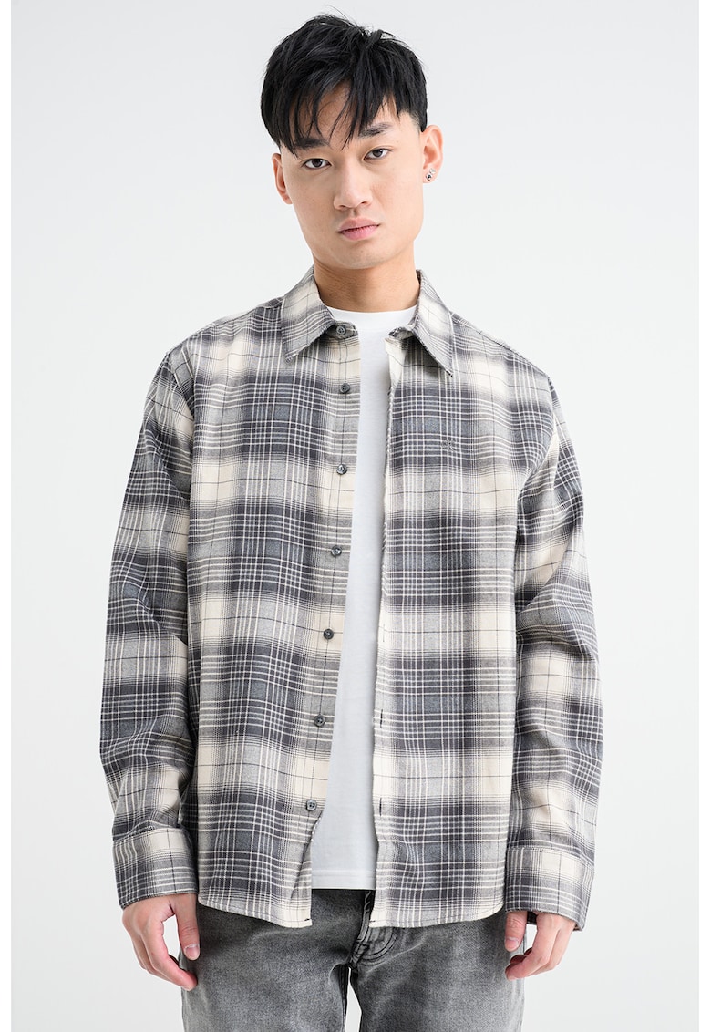 Camasa de bumbac cu model in carouri - Alb fildes/Gri inchis