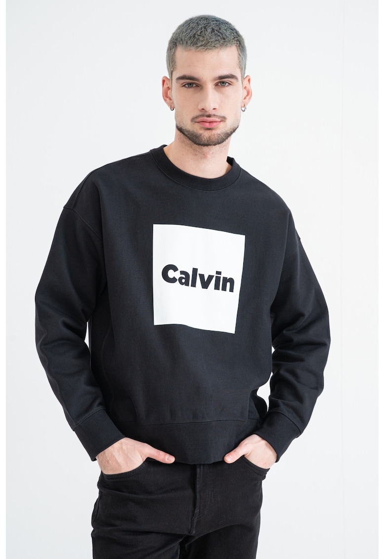 Bluza de trening cu decolteu la baza gatului si imprimeu logo - Alb/Negru