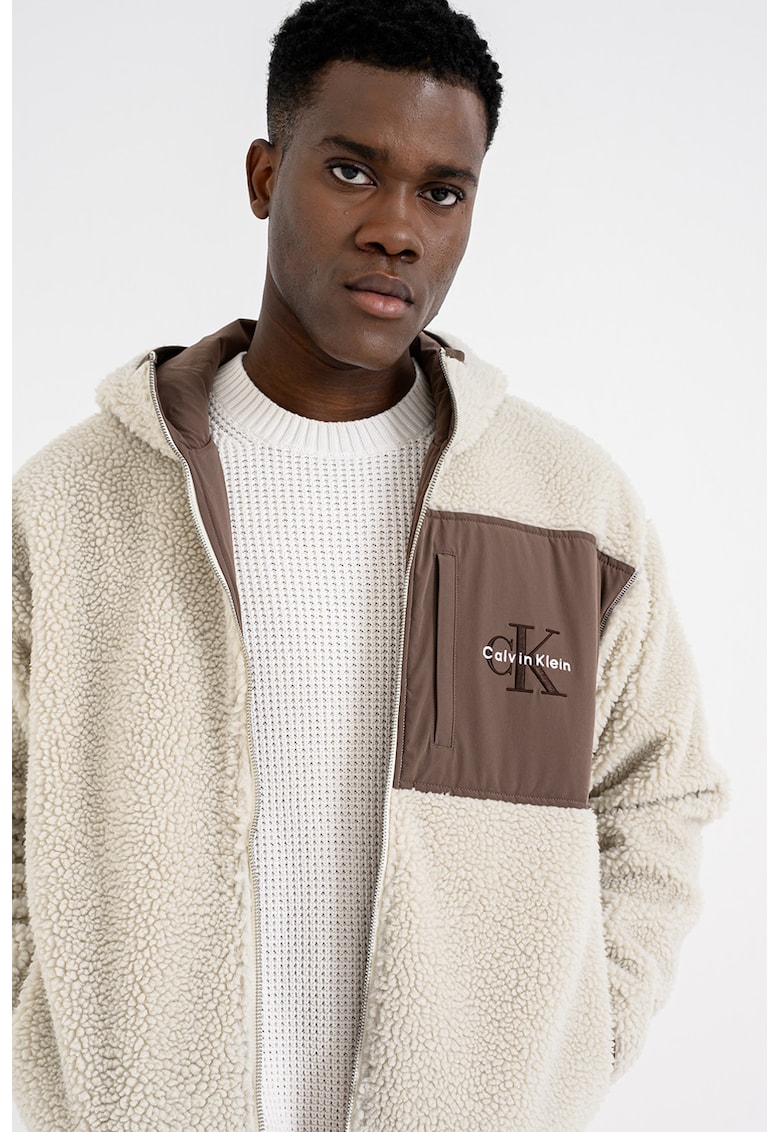 Geaca din fleece cu gluga - Maro/Crem