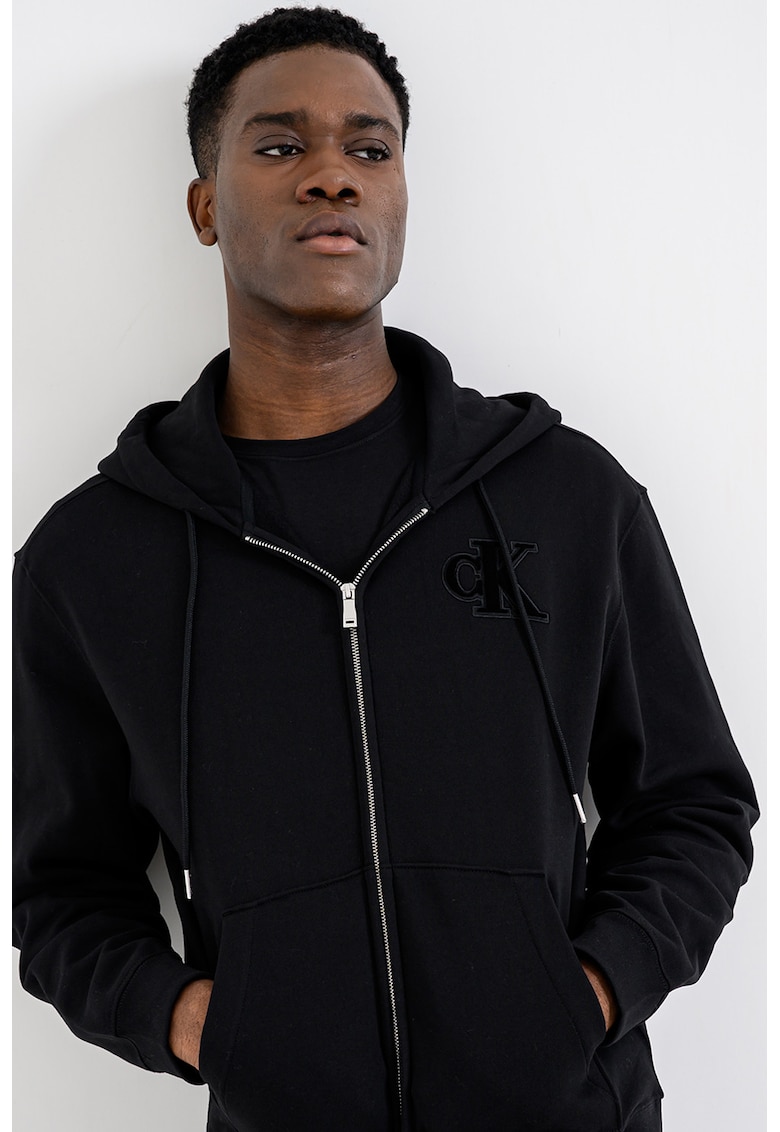 Hanorac cu logo brodat si fermoar - Negru