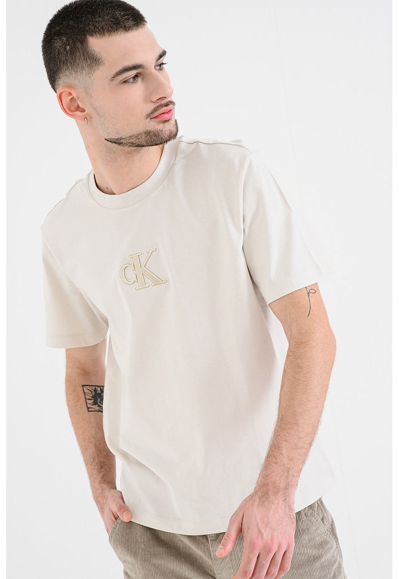 Tricou din bumbac cu aplicatie monograma pe piept - Alb murdar