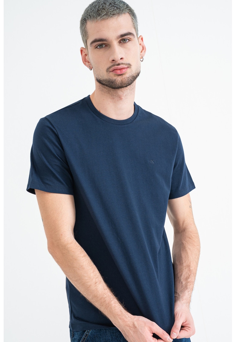 Tricou din bumbac cu decolteu la baza gatului - Bleumarin
