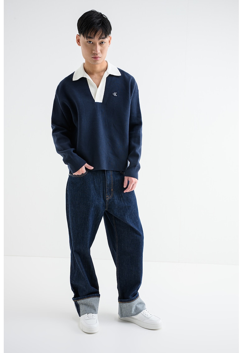 Pulover polo lejer - Alb/Bleumarin