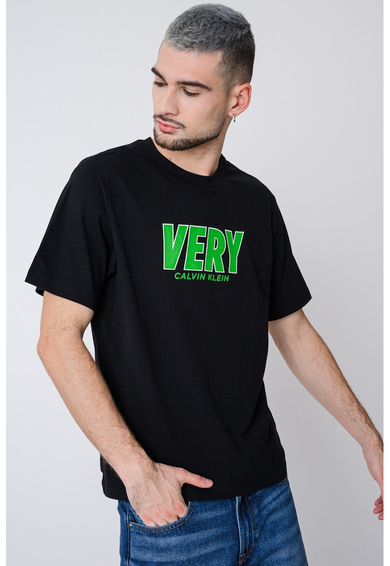 Tricou cu decolteu la baza gatului si imprimeu - Verde/Negru
