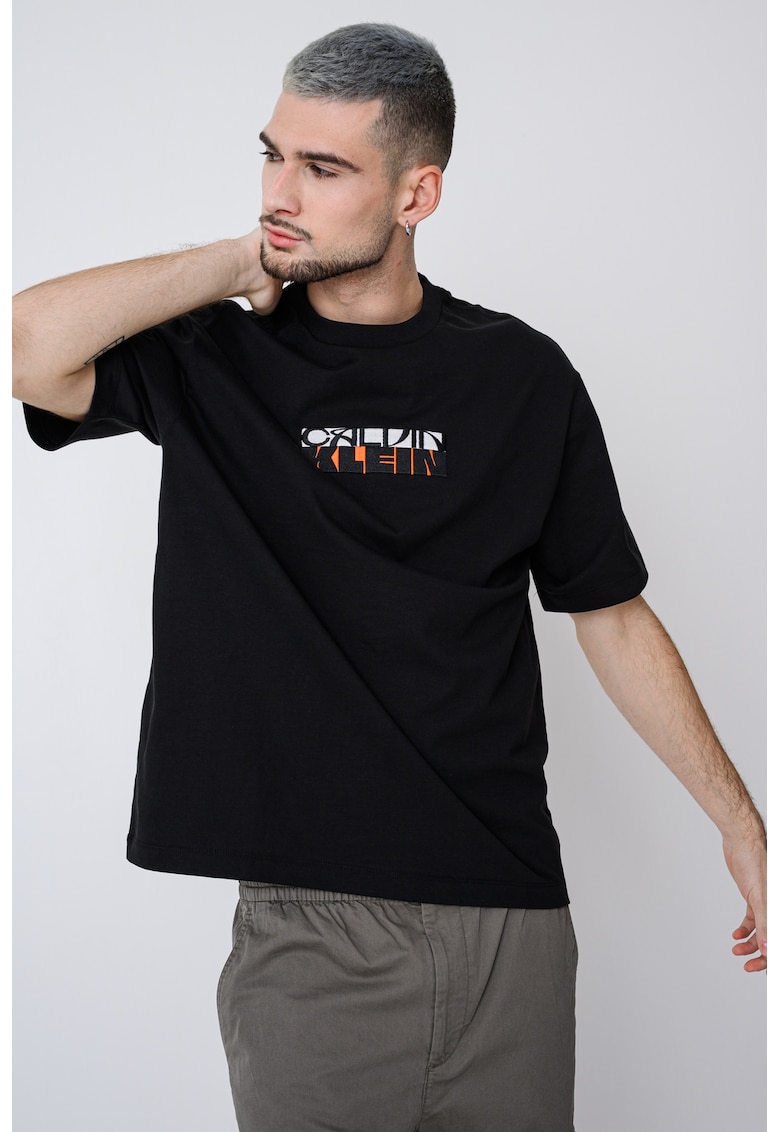 Tricou de bumbac cu logo brodat - Negru