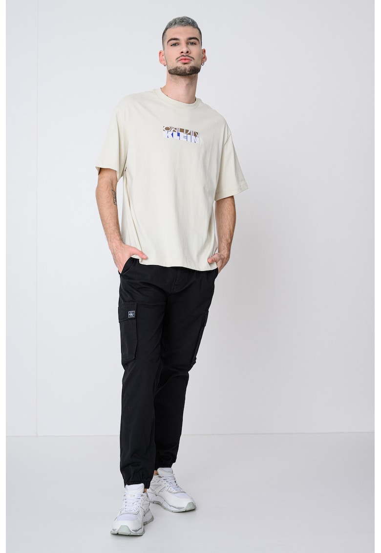 Tricou de bumbac cu logo brodat - Crem