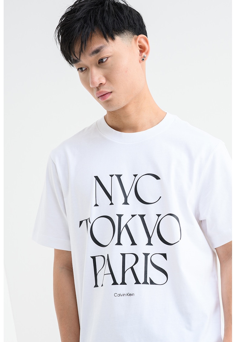 Tricou cu decolteu la baza gatului si text - Alb/Negru