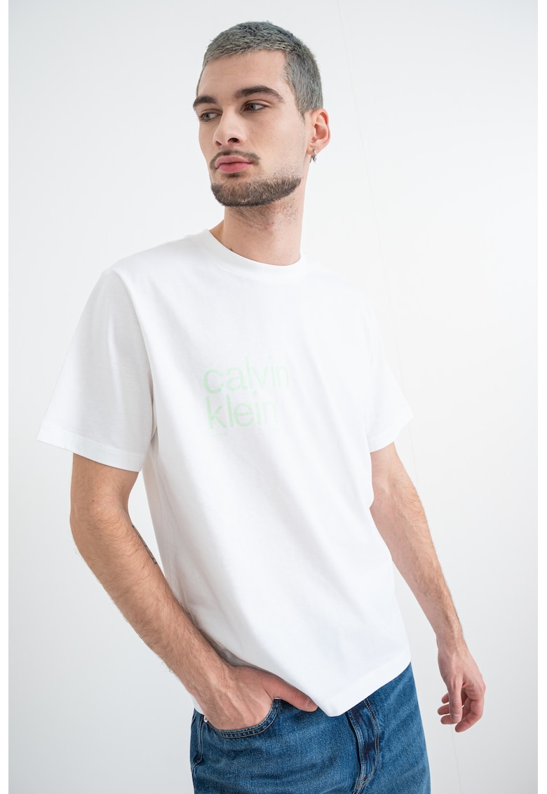 Tricou cu decolteu la baza gatului si logo - Alb/Verde lime