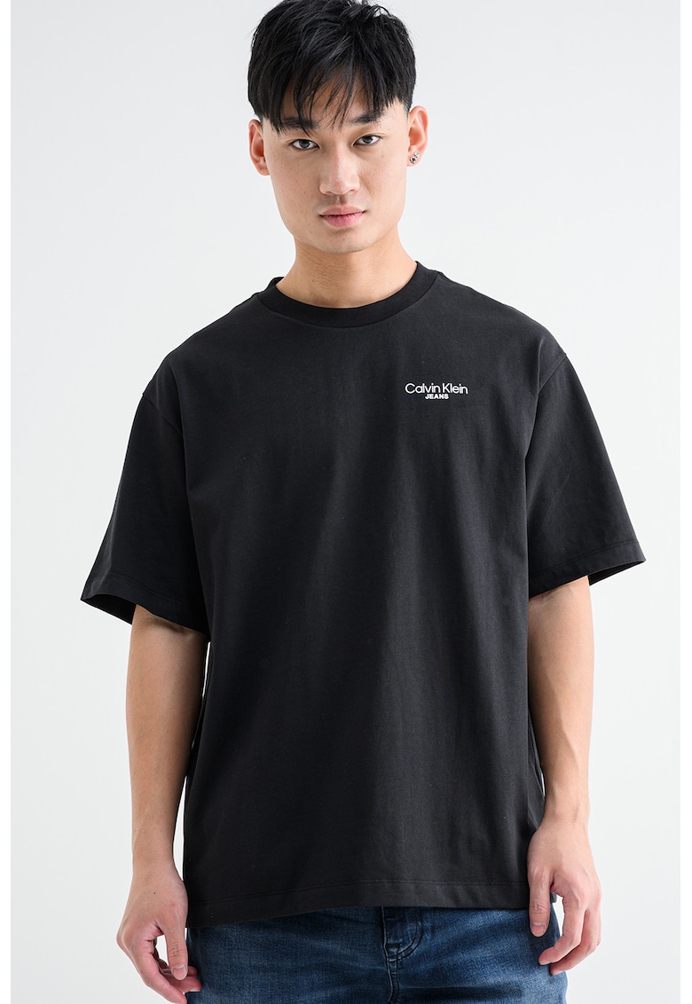 Tricou cu decolteu la baza gatului si logo - Alb/Negru