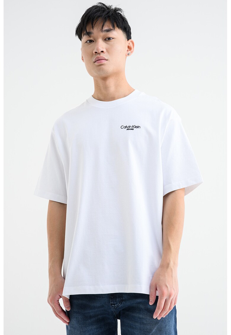 Tricou cu decolteu la baza gatului si logo - Negru/Alb murdar