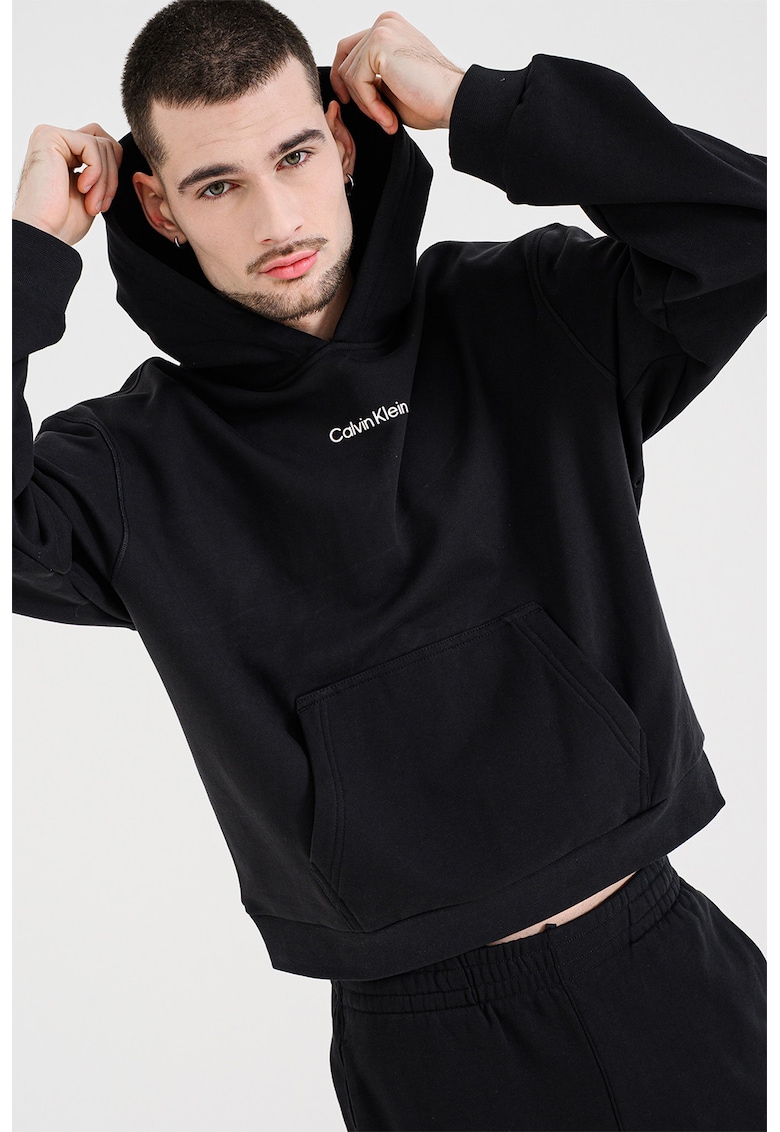 Hanorac cu imprimeu logo si buzunar kangaroo - Negru