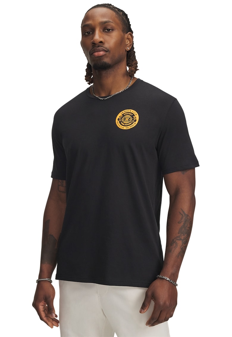 Tricou cu decolteu la baza gatului si imprimeu logo - Negru/Portocaliu pal