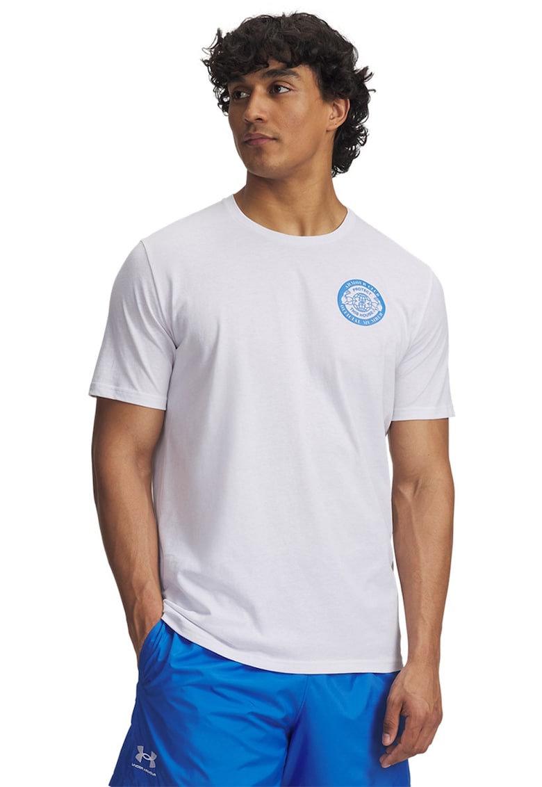 Tricou cu decolteu la baza gatului si imprimeu logo - Albastru royal/Alb optic
