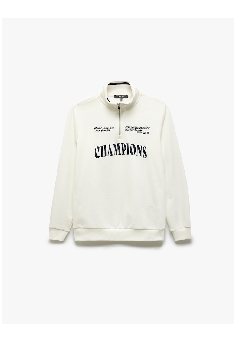 Bluza de trening cu fenta cu fermoar si imprimeu text