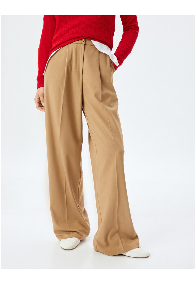 Pantaloni cu croiala ampla si talie inalta - Bej