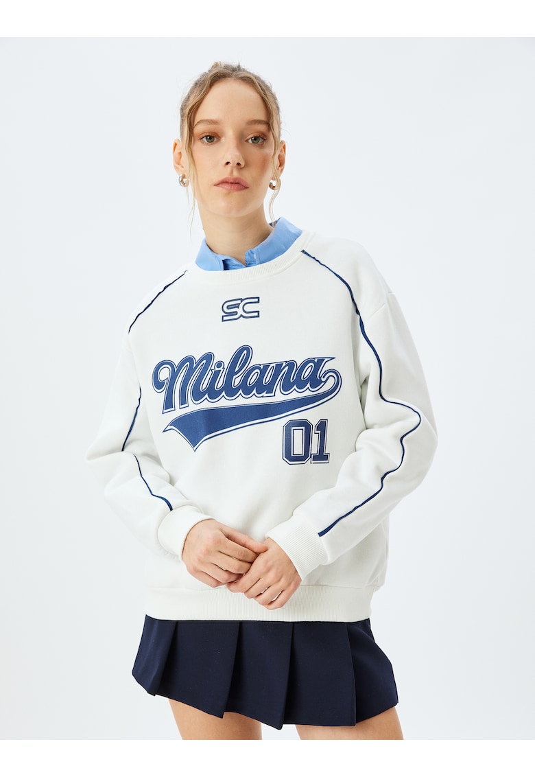 Bluza de trening cu imprimeu text si maneci cazute