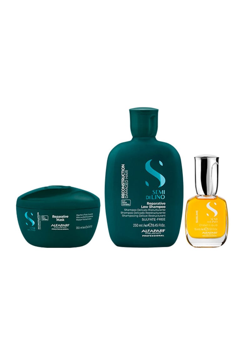 Pachet Alfaparf Semi di Lino Reconstruction cu Sampon 250 ml + Masca 200 ml + Ulei Cristalli Liquidi 15 ml