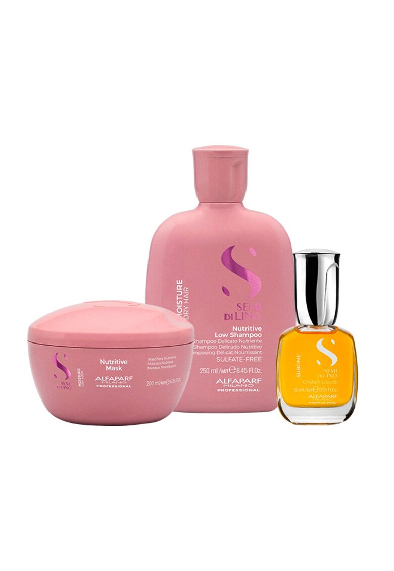 Set Alfaparf Semi Di Lino Moisture Nutritive cu 250 ml Sampon + 200 ml Masca + Ulei Cristalli Liquidi 15 ml