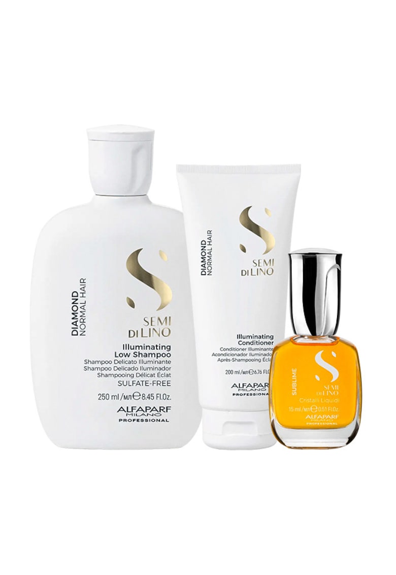 Set pentru stralucire Alfaparf Semi Di Lino Diamond Iluminating cu Sampon - 250 ml + Balsam - 200 ml + Ulei Cristalli Liquidi - 15 ml
