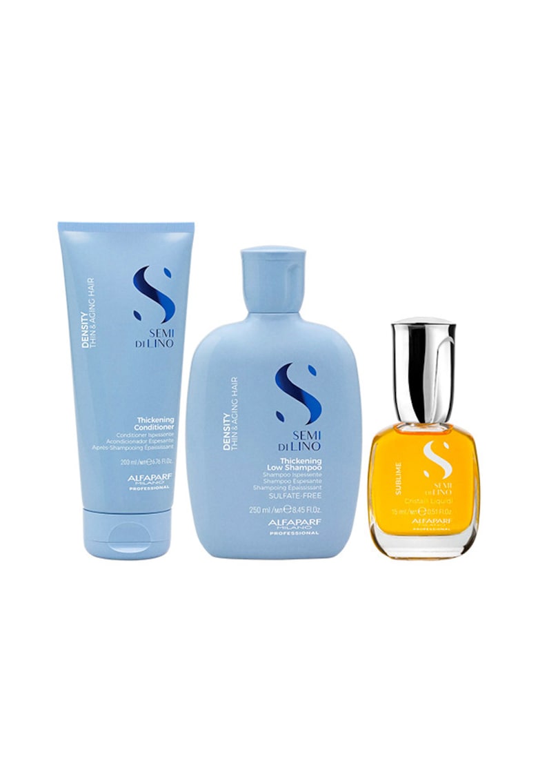 Set Alfaparf Semi di Lino Density Thickening - Sampon 250 ml + Balsam 200 ml + Ulei iluminator Cristalli Liquidi 15 ml