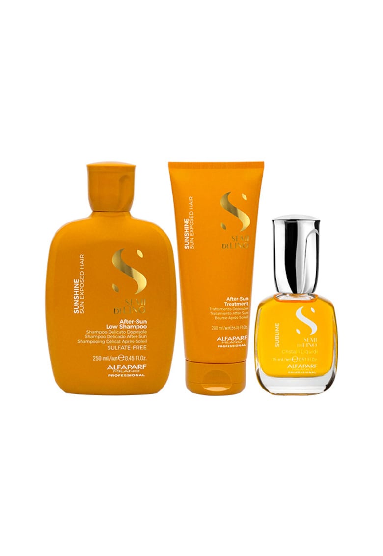 Set ingrijire par Alfaparf Semi di Lino Semi di Lino Sunshine - Sampon 250 ml + Balsam 200 ml + Ulei iluminator Cristalli Liquidi 15 ml