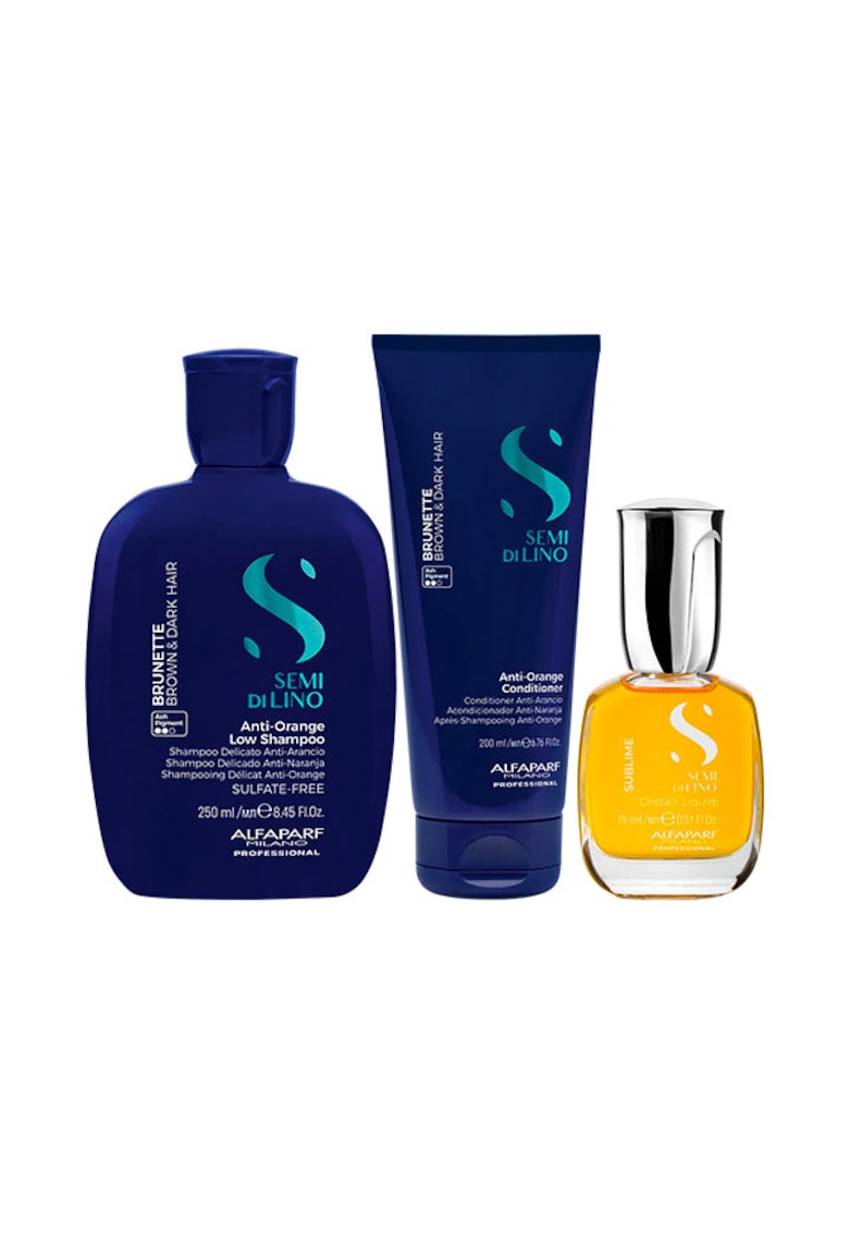 Set pentru neutralizarea tonurilor de portocaliu  Semi Di Lino Brunette - Sampon 250 ml + Balsam 200ml + Ulei Cristalli Liquidi - 15 ml