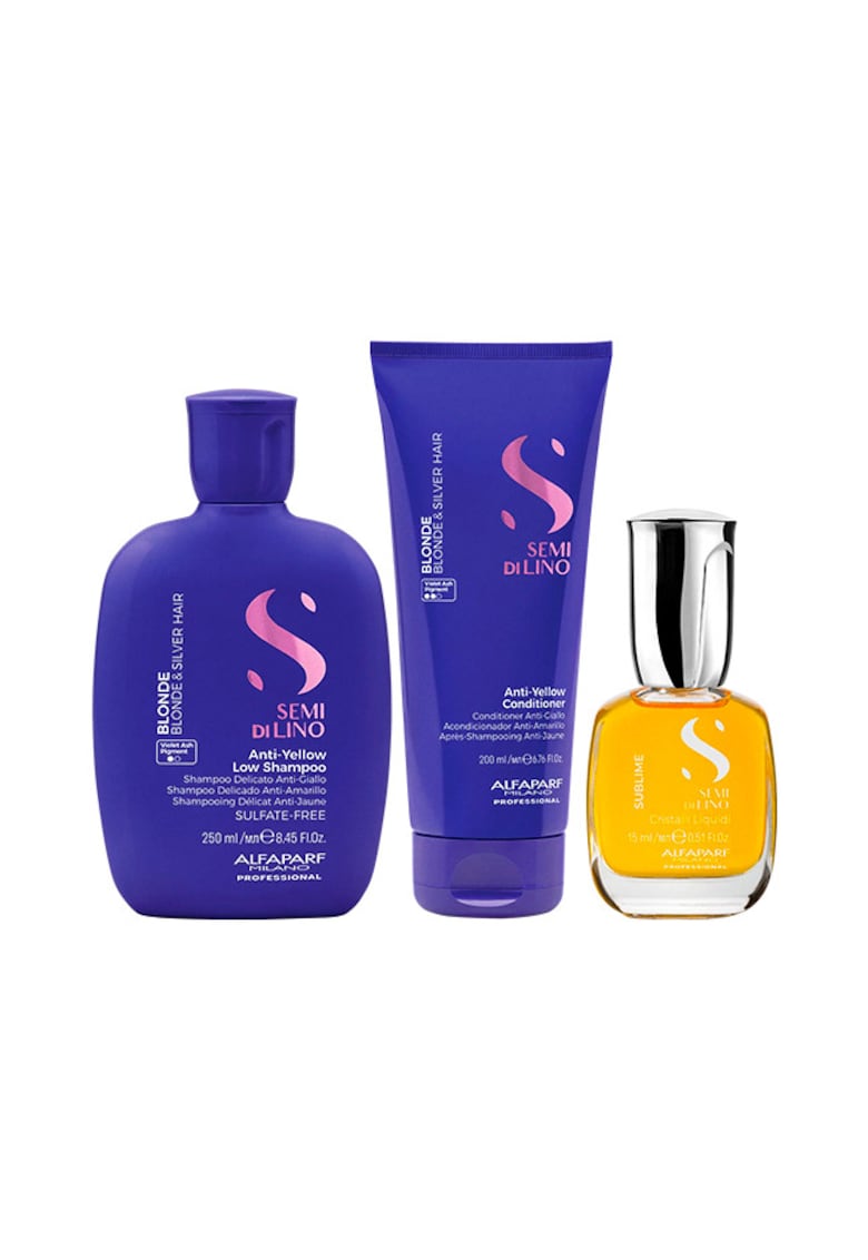 Pachet Alfaparf Semi di Lino Blonde pentru neutralizarea tonurilor de galben - Sampon 250 ml + Balsam 200ml + Ulei Cristalli Liquidi 15 ml