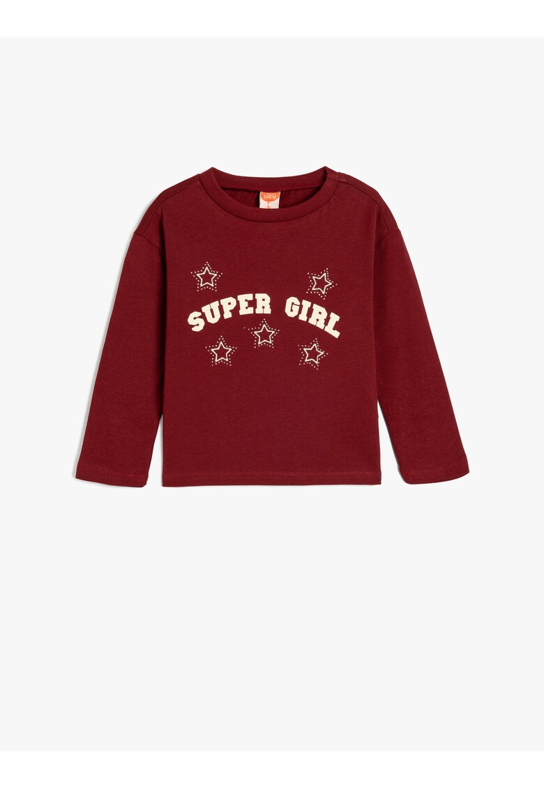 Bluza cu maneci lungi si imprimeu text - Visiniu