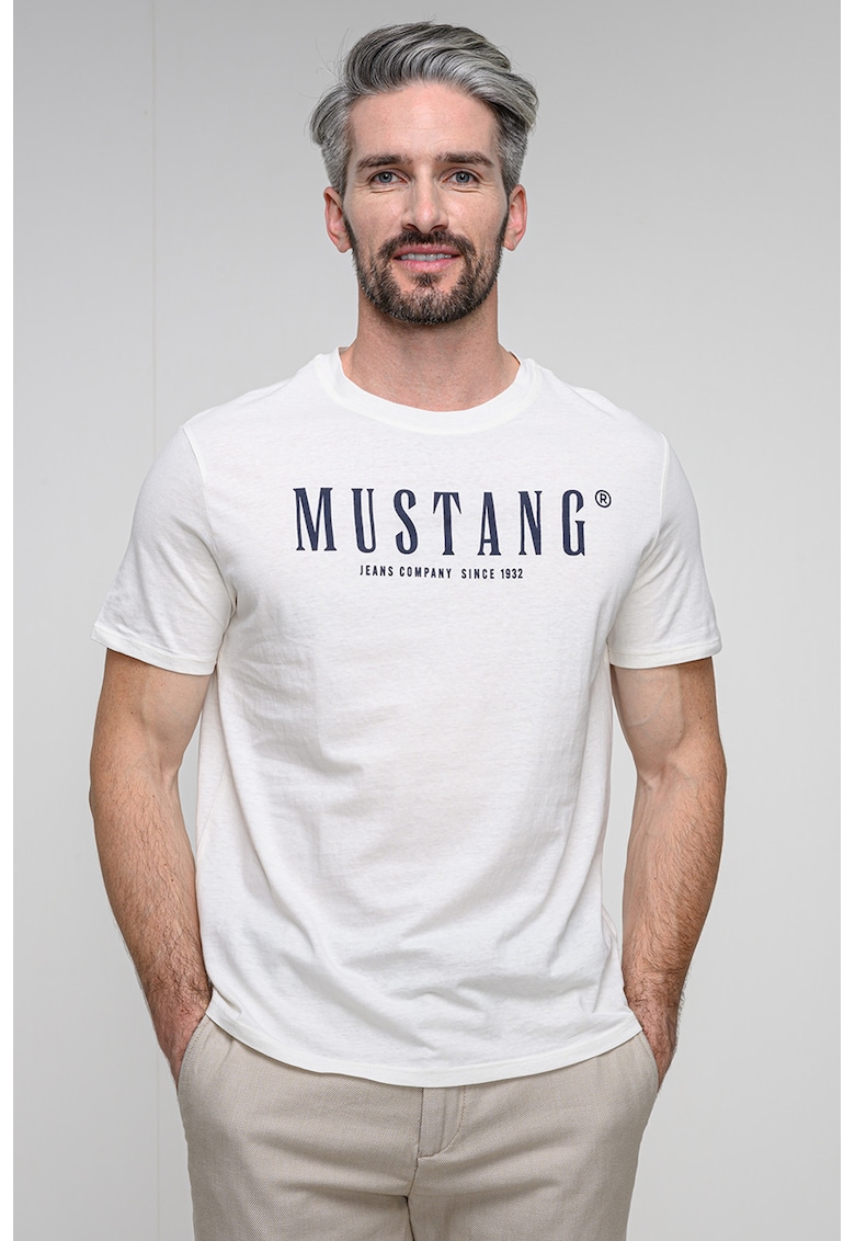 Tricou cu decolteu la baza gatului si imprimeu logo - Alb/Negru