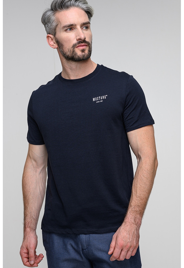 Tricou din bumbac cu decolteu la baza gatului - Albastru inchis