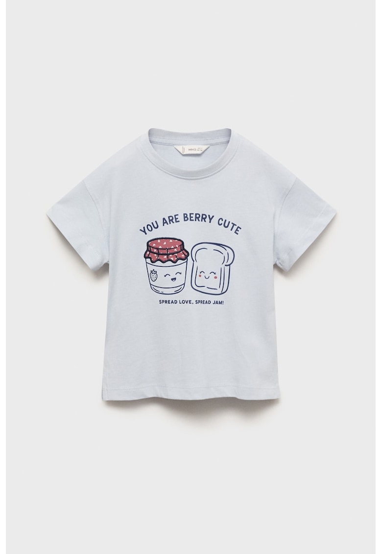 Tricou din bumbac cu broderie - Albastru pal/Rosu deschis