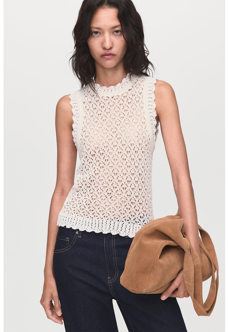 Pulover fara maneci cu model tricotat - Alb fildes