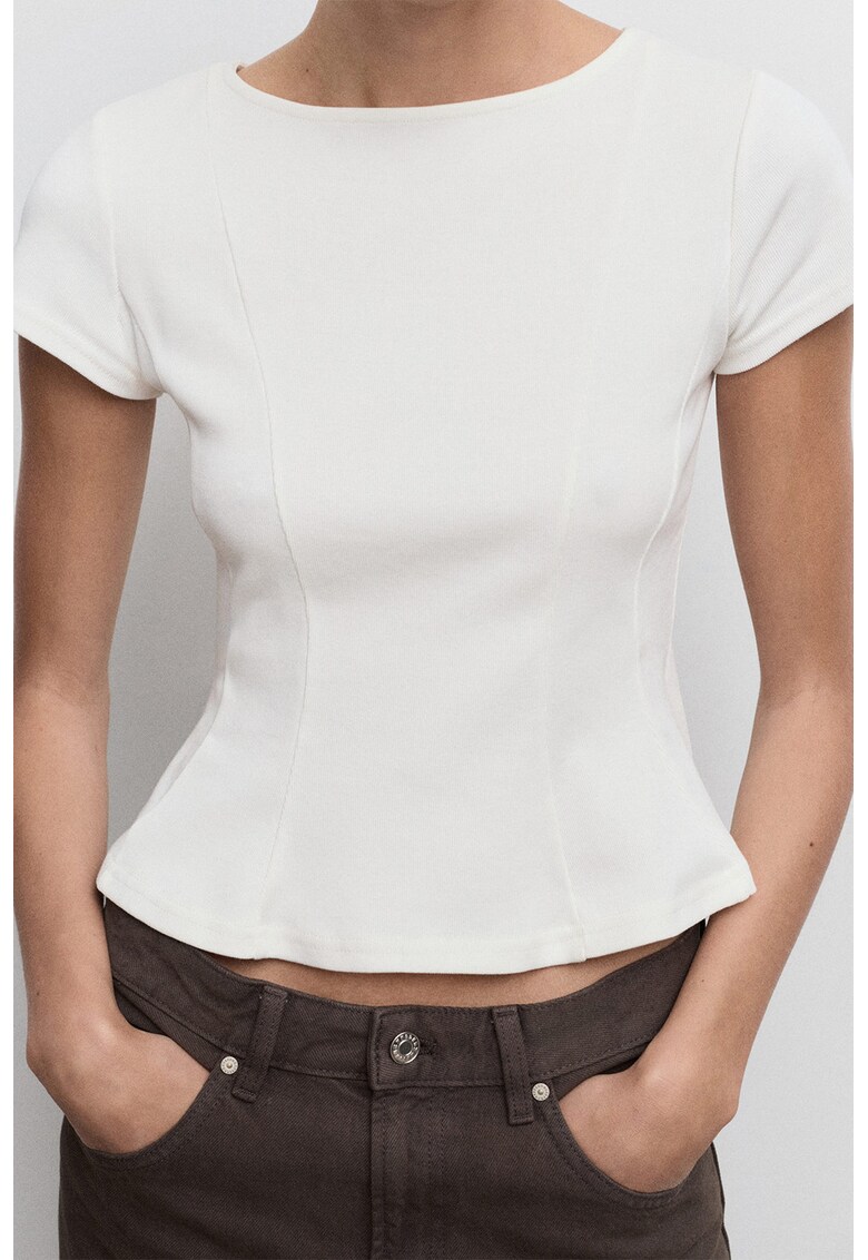 Tricou cu decolteu la baza gatului si model uni - Alb murdar