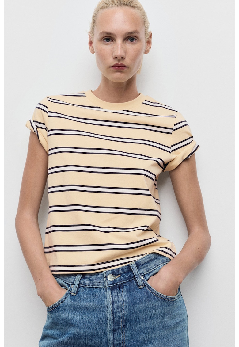 Tricou cu decolteu la baza gatului si model in dungi - Alb/Negru/Maro camel