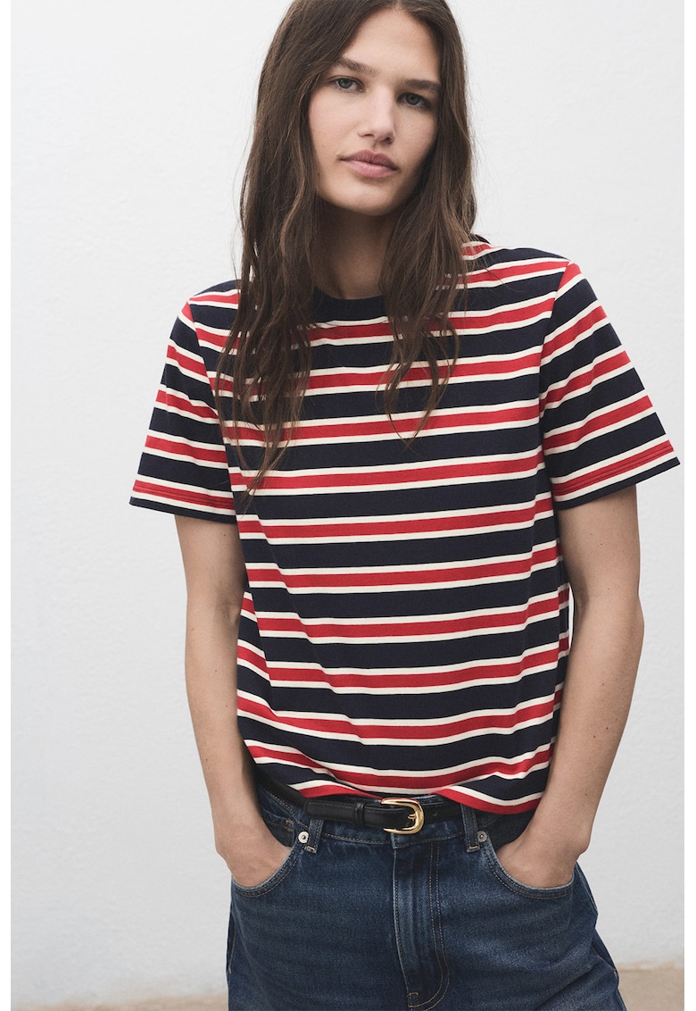 Tricou cu decolteu la baza gatului si model in dungi - Rosu/Albastru ultramarin