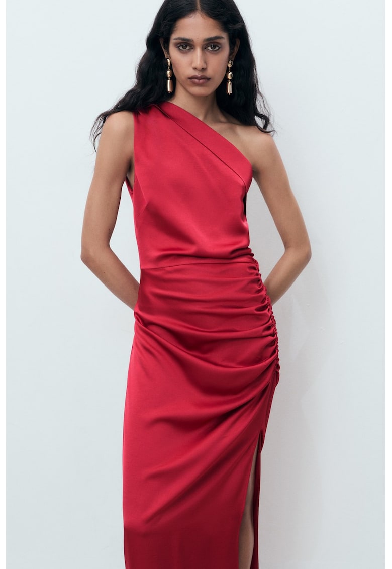 Rochie midi satinata cu decolteu pe un umar si detaliu drapat