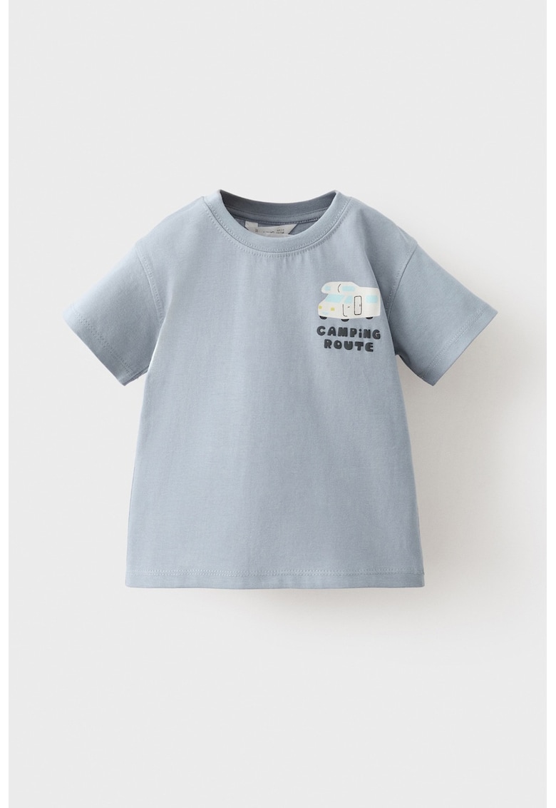 Tricou cu decolteu la baza gatului si imprimeu pe partea din spate - Gri deschis/Verde masliniu