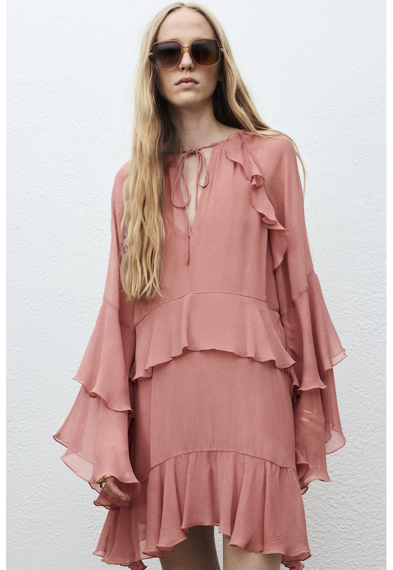 Rochie vaporoasa cu volane - Roz pastel