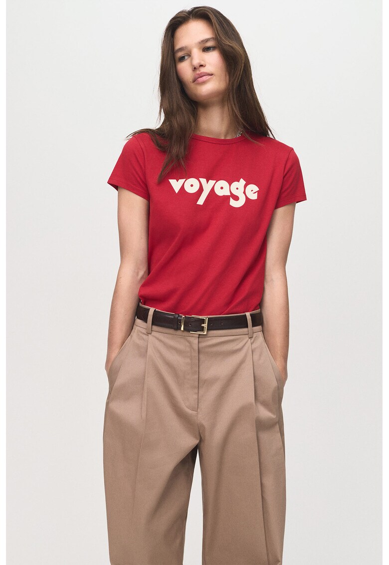 Tricou cu decolteu la baza gatului si imprimeu - Rosu/Alb fildes