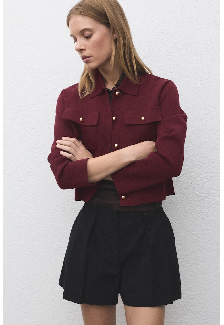 Cardigan tricotat cu buzunare cu clapa - Visiniu