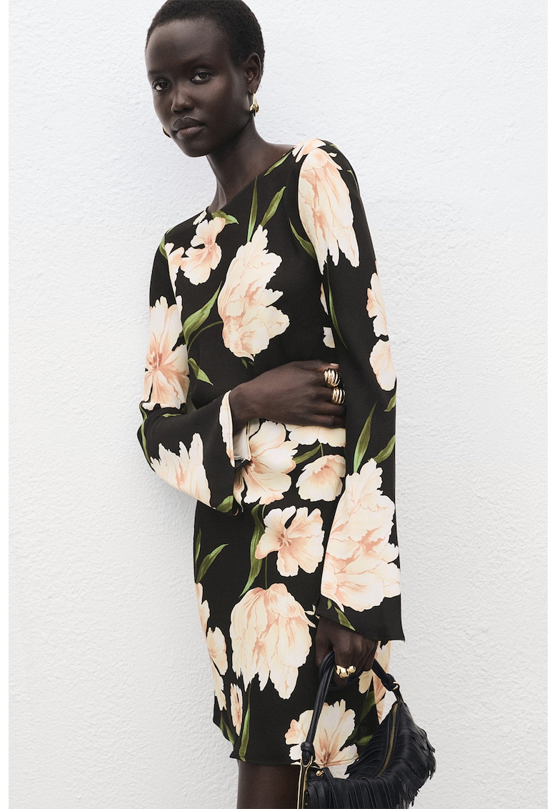 Rochie evazata cu model floral - Negru/Piersica
